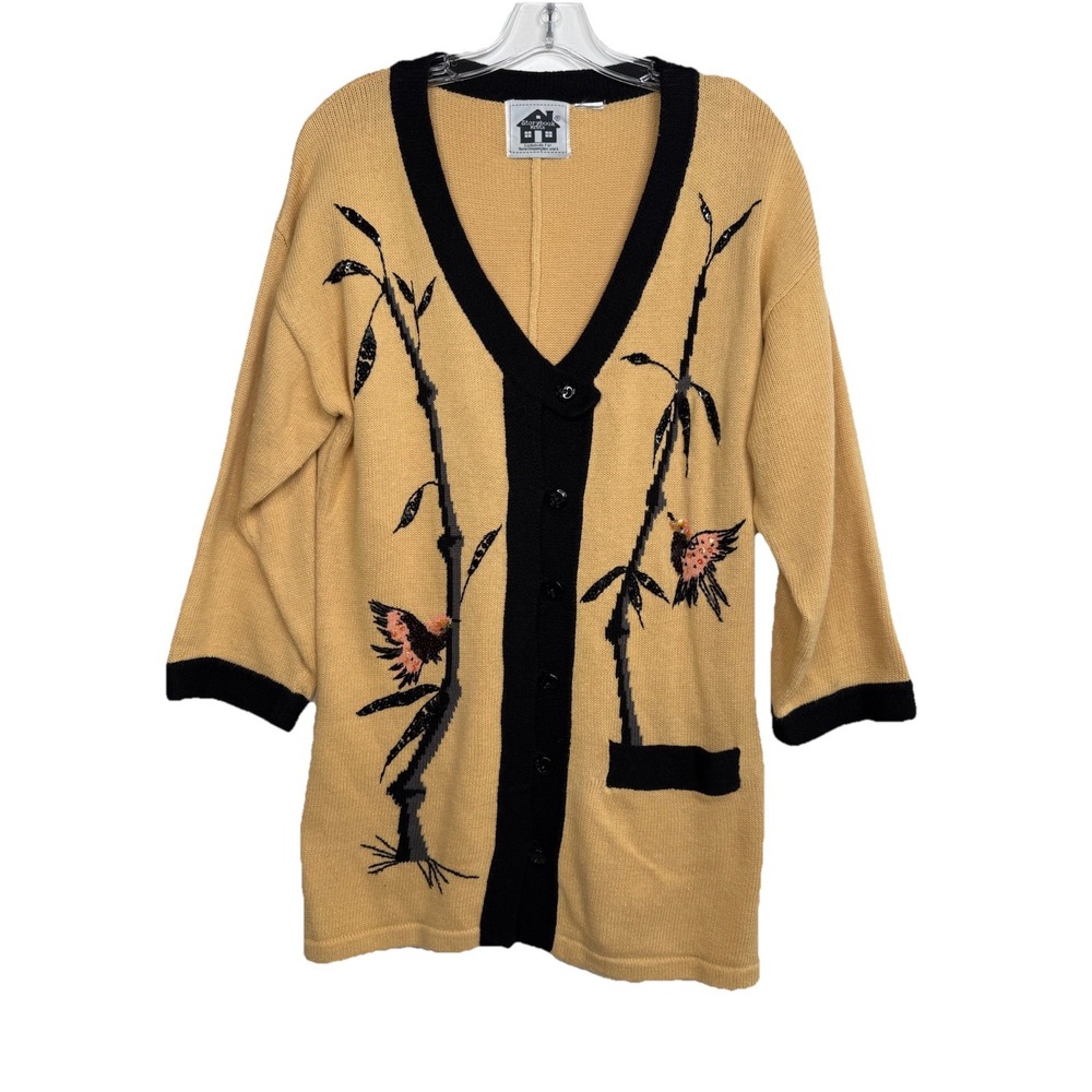 Storybook Knits Cardigan‎ Womens S Tan Embroidered Crochet Hummingbird Granny